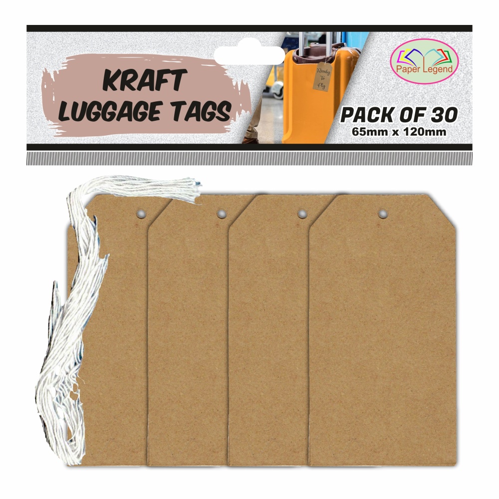 PLG Kraft Luggage Tags Pack of 30 65mm x 120mm